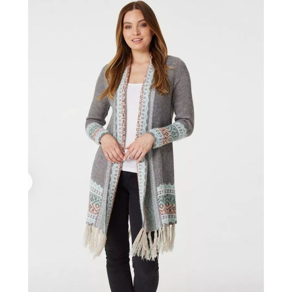 NWT CGYY Open Front Gray Boho Long Cardigan Fringe Sweater Size Large